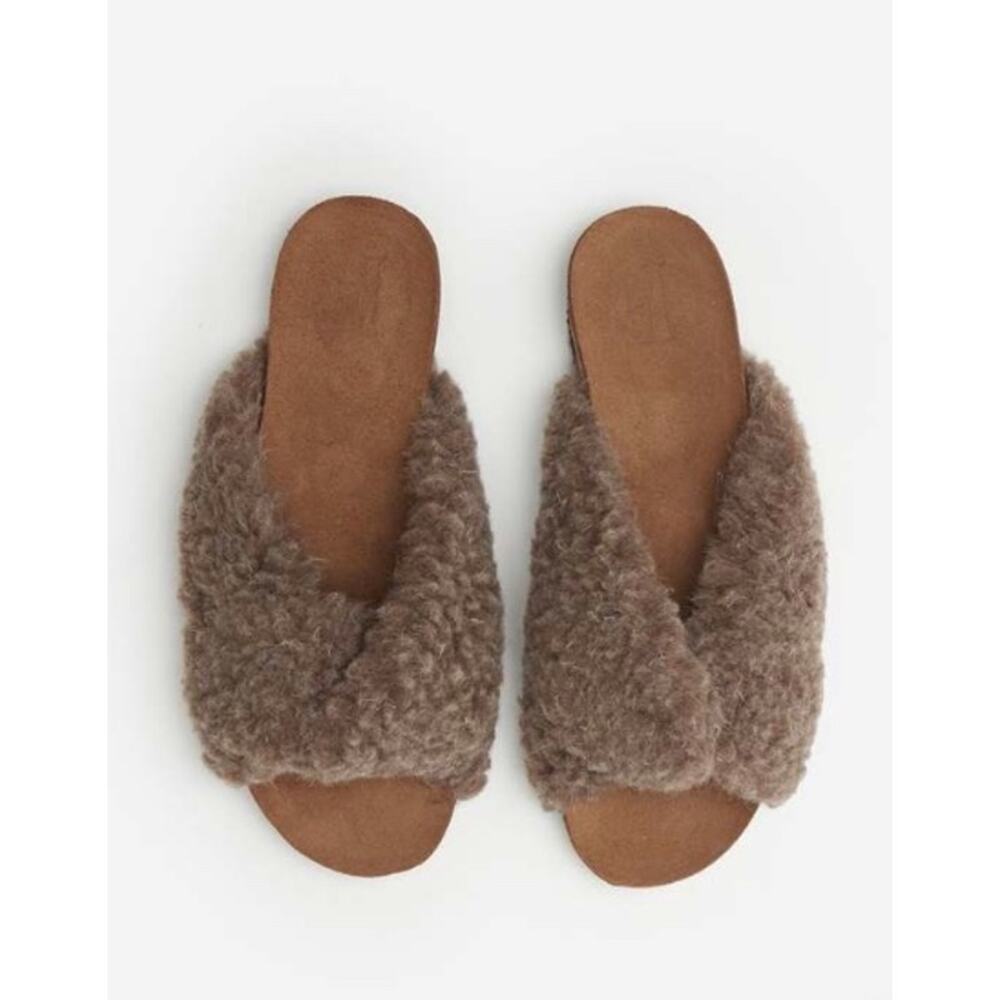 Flattered‎ Lou Teddy Knotted Genuine Shearling Slide Sandals in Taupe
